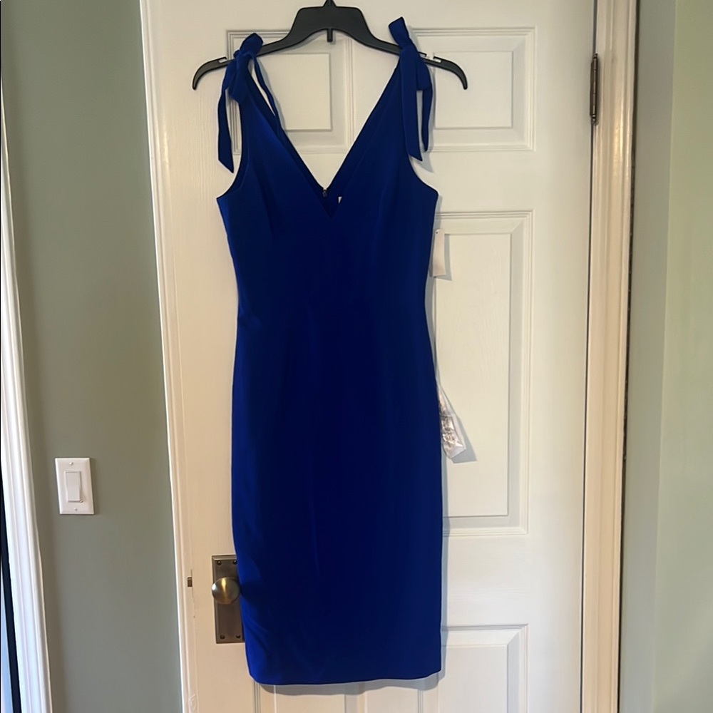 NWT Dress the Population Electric Blue Sheath Ruched Tie Front Dress